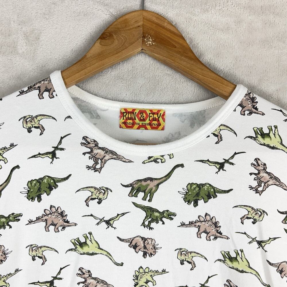 Run & Fly England Dinosaur All Over Print T Shirt Mens XS Jurassic Park Kidcore